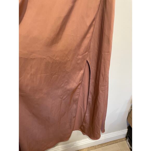 NWT Azazie Lani Stretch Satin Flounce Sleeve A-Line Dress Bronzer Womens Size A2 - Picture 3 of 8